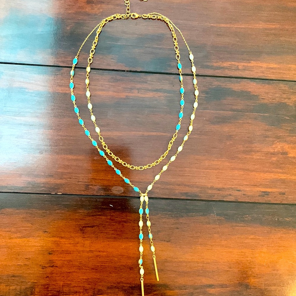 Beautiful gold and blue double chain necklace with clasp closure